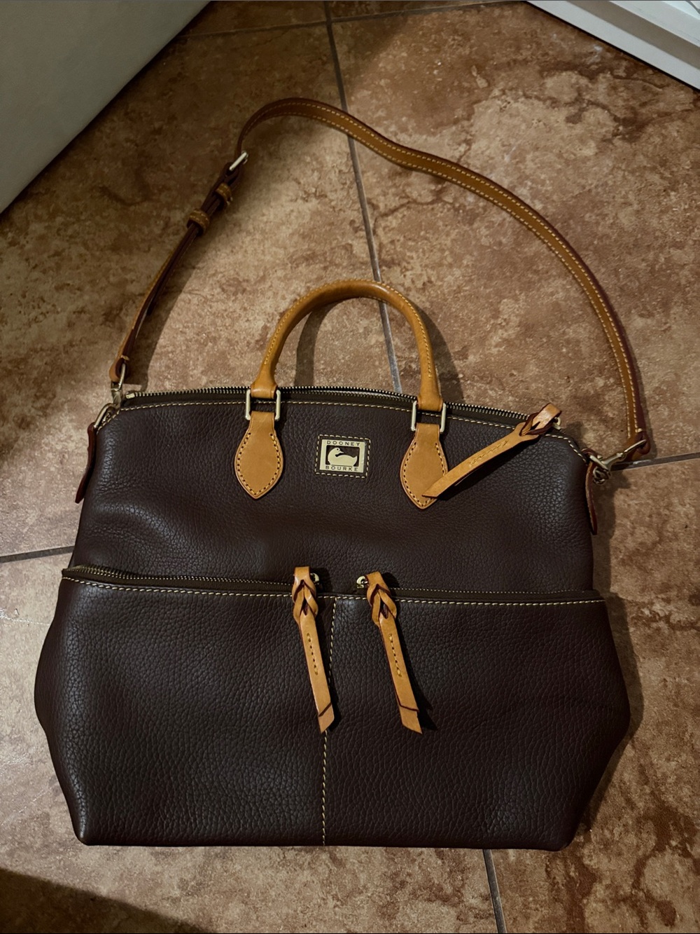 Dooney & Bourke Dark Brown Leather Messenger with Tan Trim